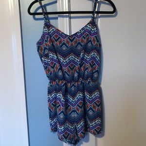 blue and coral aztec print romper